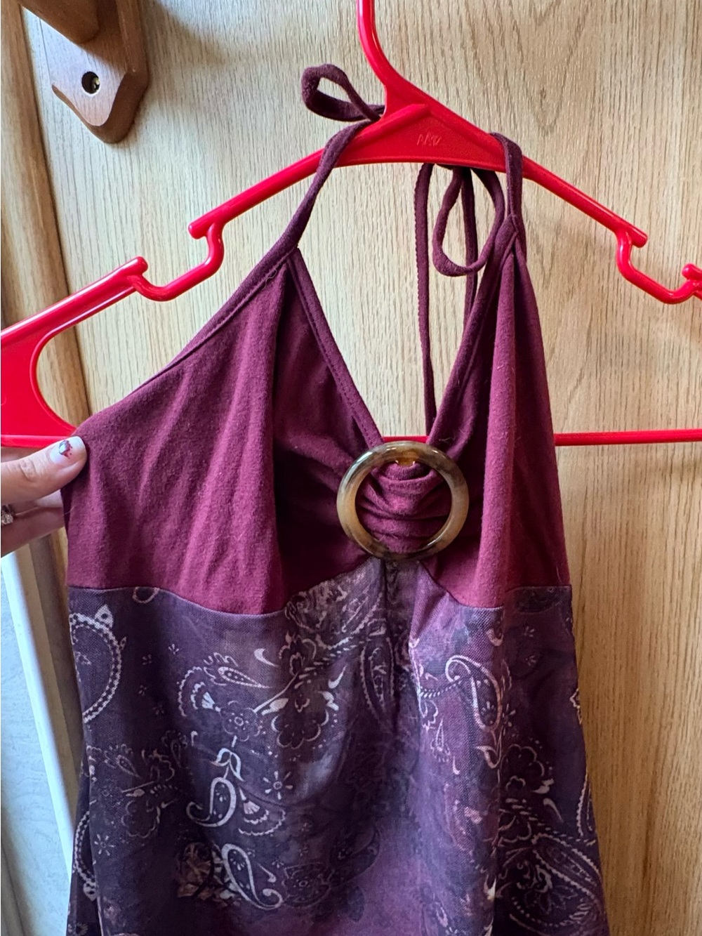 Women's Halter Dress with Tortoiseshell Ring Detail - Burgundy